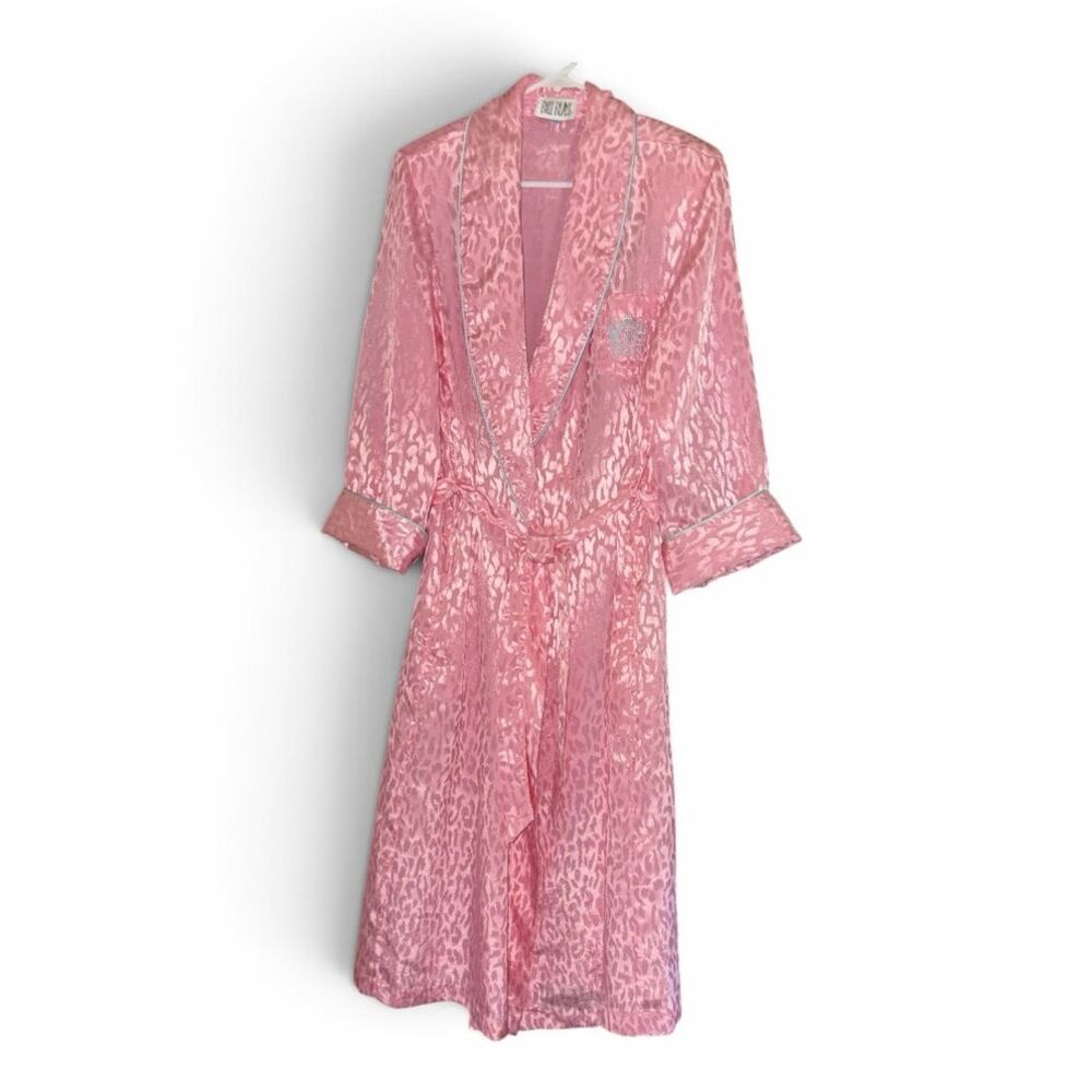 Bill Blass VTG 80s Pink Damask Satin Jacquard Robe Ghost Leopard Animal Print